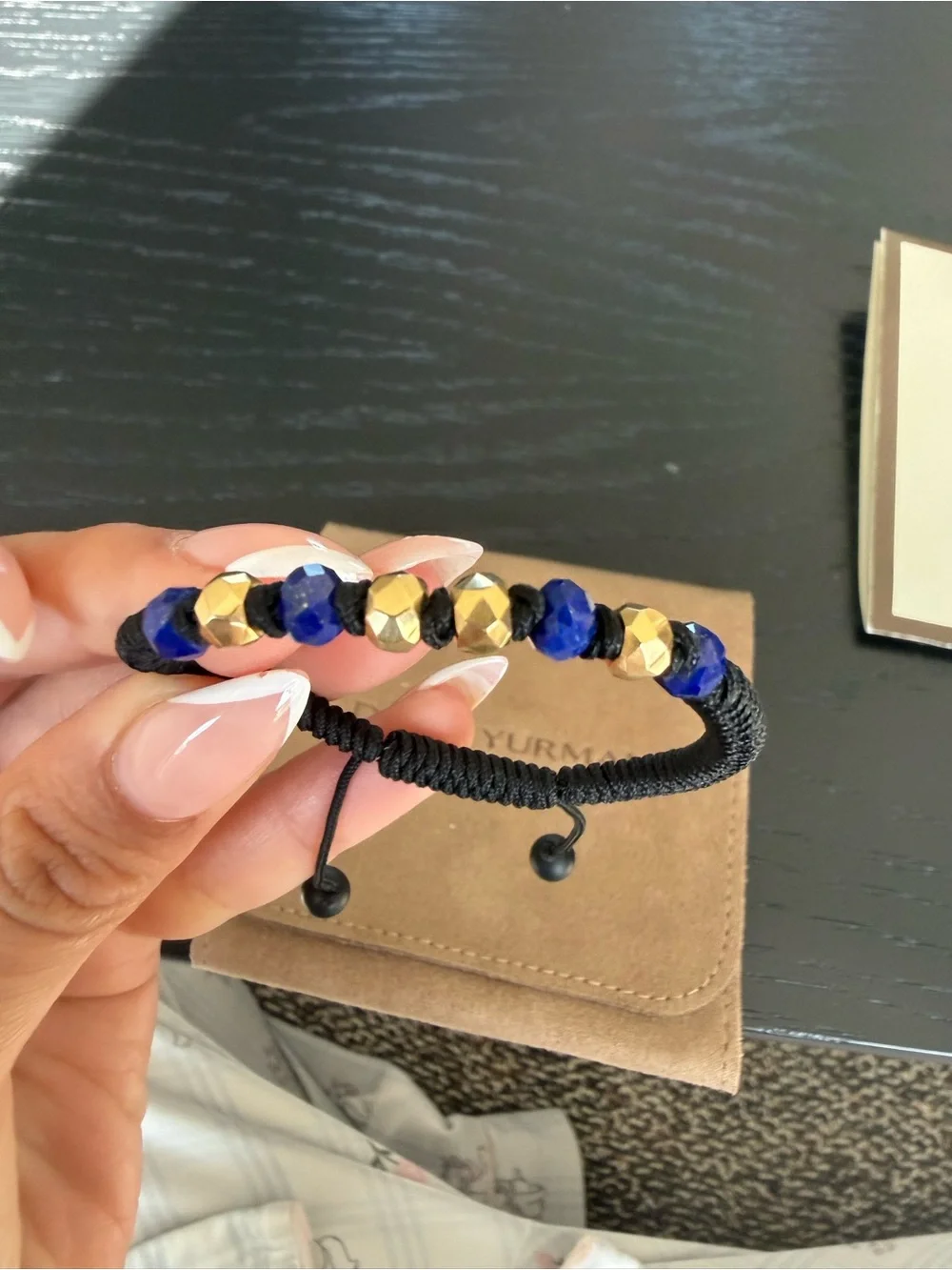 David Yurman Black Cord Bracelet with Blue and Gold Accents